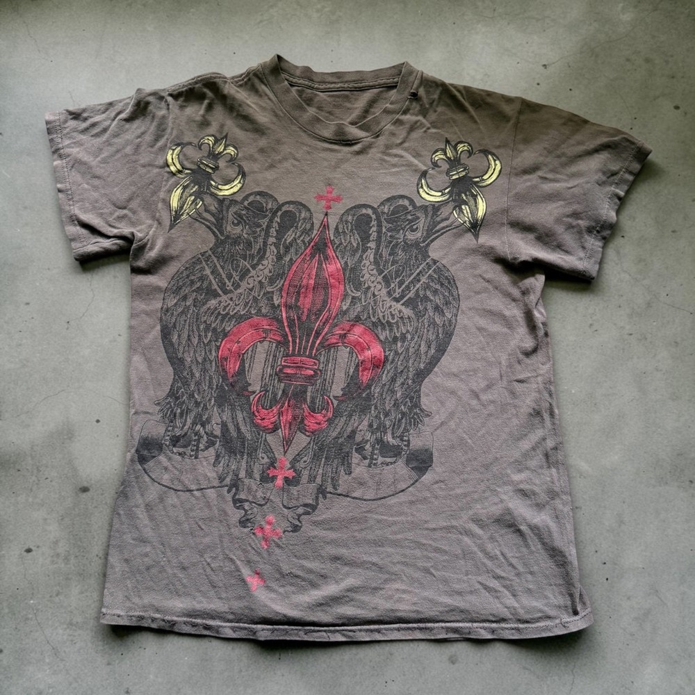 Vintage Y2K Graphic Tee Eagle Fleur De Lis Goth MMA Grunge Faded Brown Shirt